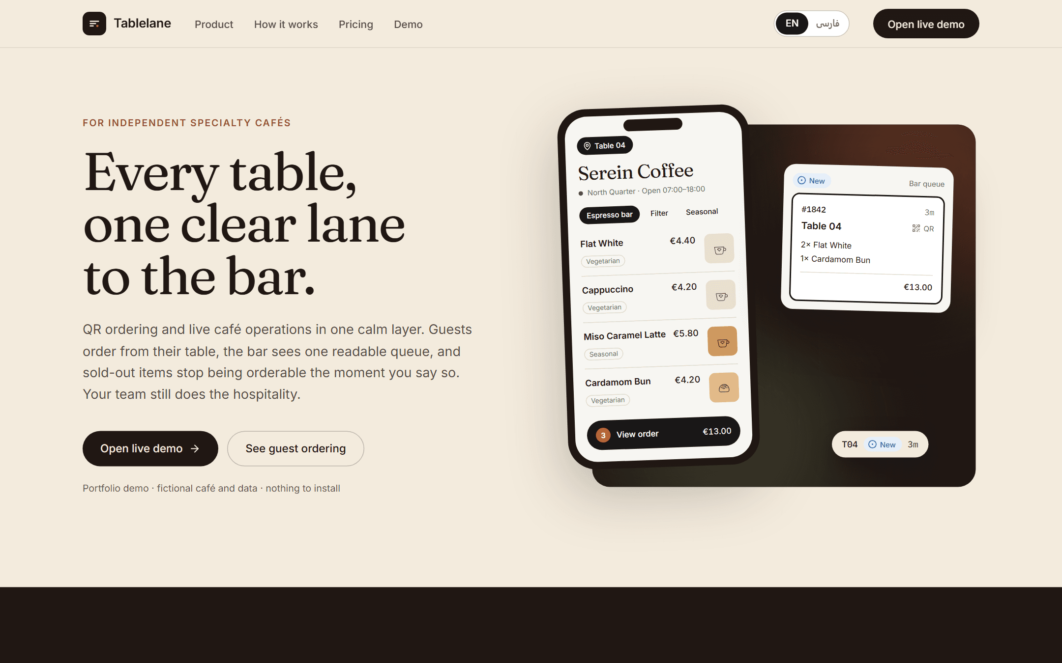 Tablelane homepage: cream background, serif headline 'Every table, one clear lane to the bar', a phone showing the Serein Coffee menu and a bar-queue ticket.